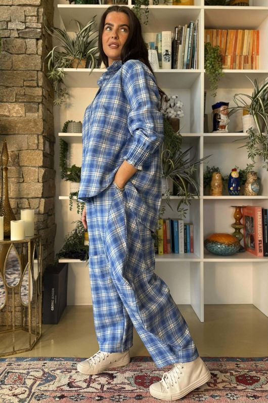 Patrick Plaid Brushed Cotton Edwardian Blouse Soft Cobalt